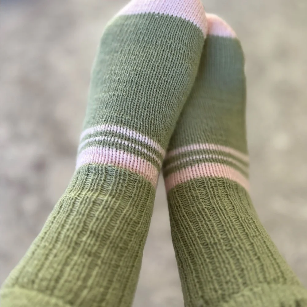 Women’s Hand Knitted Chic Green and Pink Ribbed Striped Socks 🧦